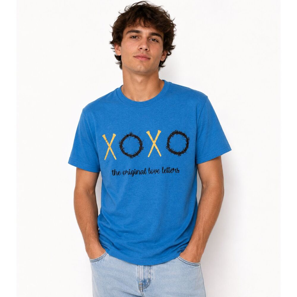 XOXO The Original Love Letters Christian Graphic T-Shirt Blue Gildan Size Medium